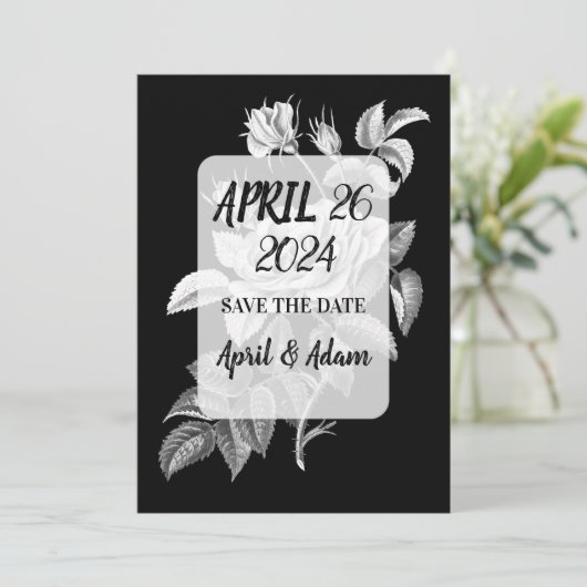 Save the Date Zwart-wit Rose Botanical (Staand voorkant)