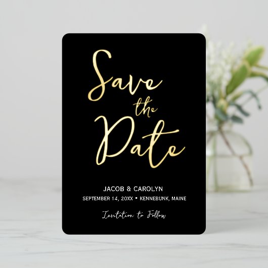 Save the Date Zwart Witte Gouden Bruiloft Folie Uitnodiging (Staand Voorkant)