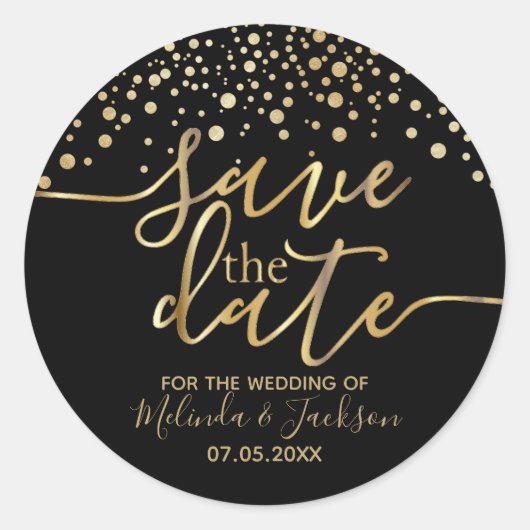 Save the date | Zwarte en gouden stip Ronde Sticker (Voorkant)