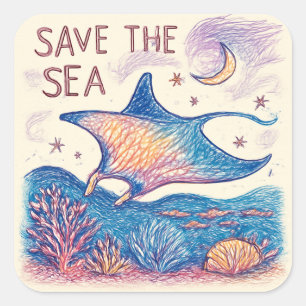 Save the Sea - Kleurpotlood Oceaan Kunst Vierkante Sticker