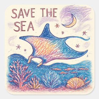 Save the Sea - Kleurpotlood Oceaan Kunst Vierkante Sticker