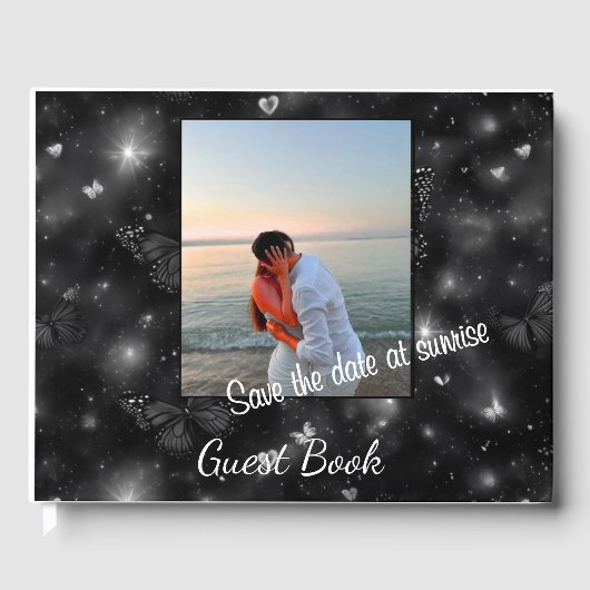 Save theDateat Sunrise– Elegant Glitter Butterflie Gastenboek (Voorkant)