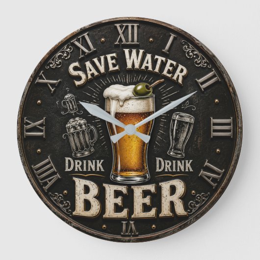 Save Water Drink Beer Man Cave Gift Grote Klok (Voorkant)