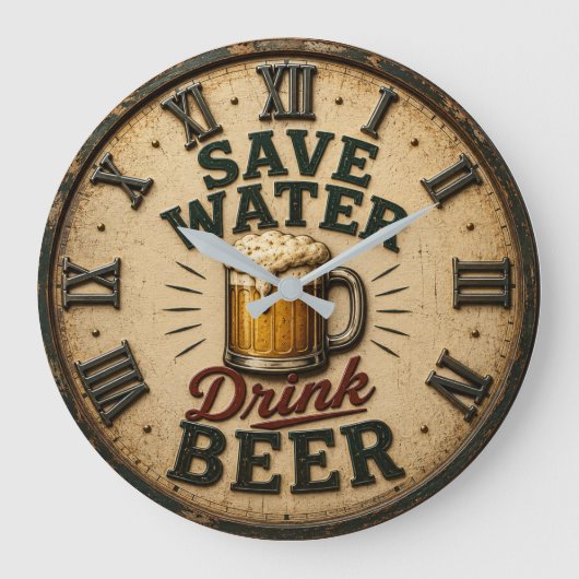 Save Water Drink Beer Man Cave Gift Grote Klok (Voorkant)