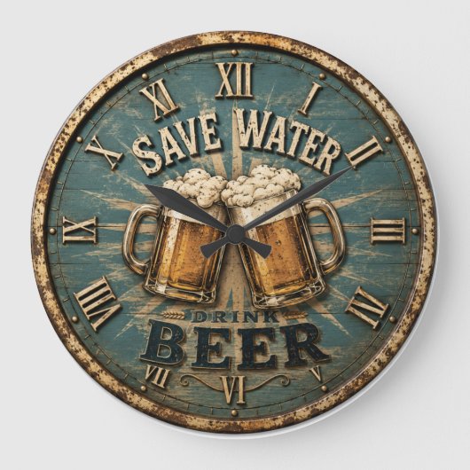 Save Water Drink Beer Rustic Home Bar Grote Klok (Voorkant)