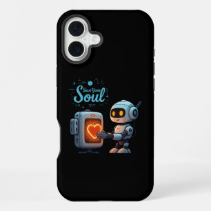 Save Your Soul Schattige Robot met Hart – Futurist iPhone 16 Plus Hoesje