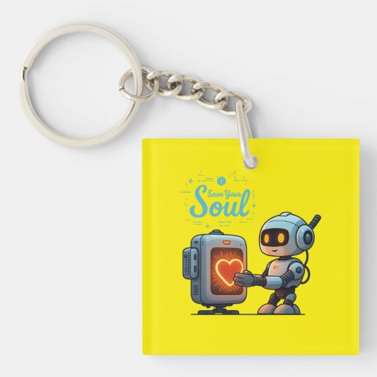 Save Your Soul Schattigee Robot Holding Heart bero Sleutelhanger (voorkant)