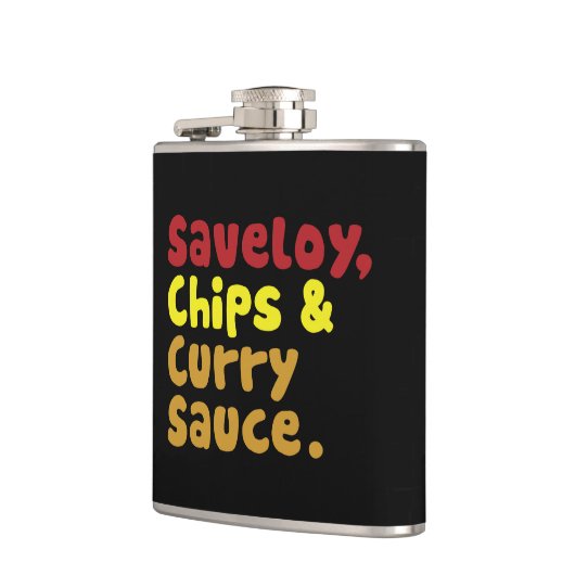 Saveloy, Chips & Curry Sauce. Heupfles (Links)