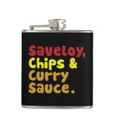 Saveloy, Chips & Curry Sauce. Heupfles (Voorkant)