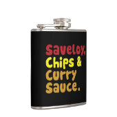 Saveloy, Chips & Curry Sauce. Heupfles (Rechts)