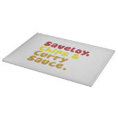 Saveloy, Chips & Curry Sauce. Snijplank (Hoek)