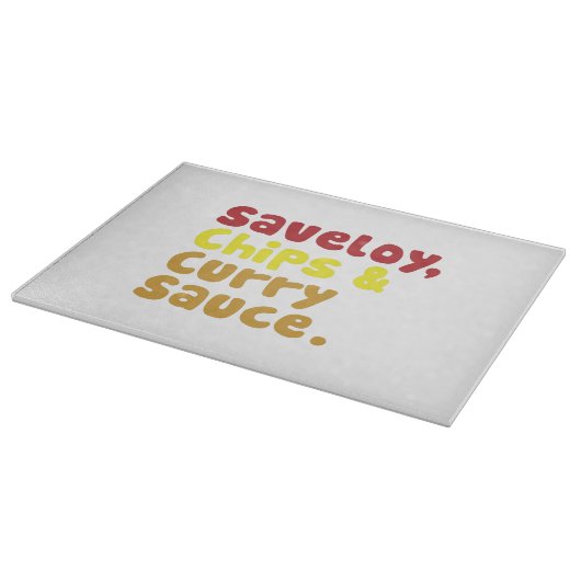 Saveloy, Chips & Curry Sauce. Snijplank (Hoek)