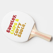 Saveloy, Chips & Curry Sauce. Tafeltennisbatje (Zijkant)