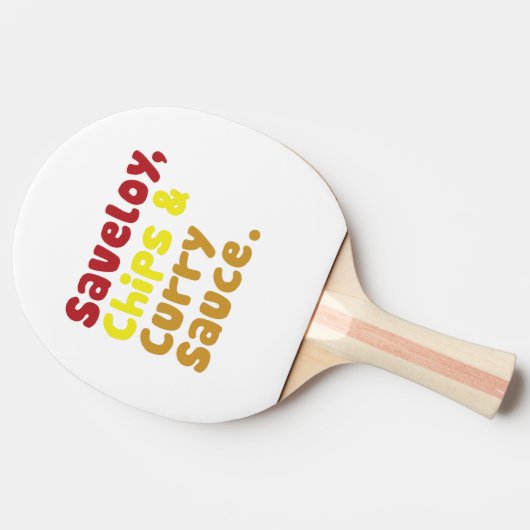 Saveloy, Chips & Curry Sauce. Tafeltennisbatje (Zijkant)