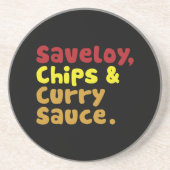 Saveloy, Chips & Curry Sauce. Zandsteen Onderzetter (Voorkant)