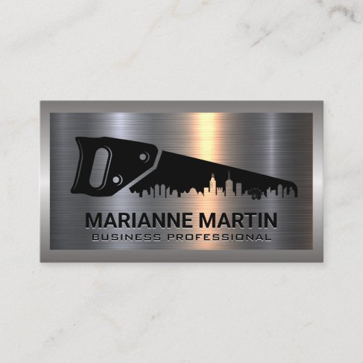 Saw and City Logo | Bouw | Metaal Visitekaartje (Voorkant)