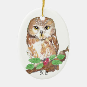 Saw Whet Owl Kerstmis, op maat gesneden Keramisch Ornament