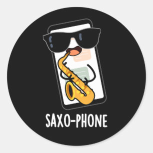 Saxo-telefoon Grappige Mobiele Puns Donker BG Ronde Sticker