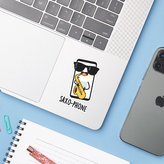 Saxo-telefoon Grappige Mobiele Puns Sticker (Laptop met iPhone)