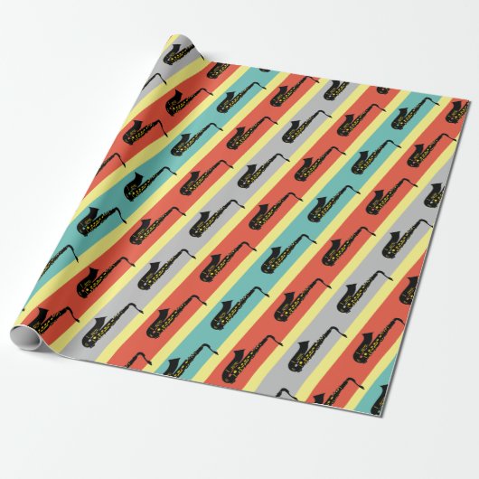  saxofone Cool Jazz Pattern Striped Retro Cadeaupapier (Uitgerold)