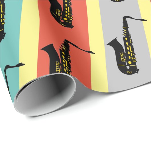saxofone Cool Jazz Pattern Striped Retro Cadeaupapier (Rol Hoek)