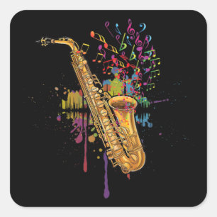 Saxofone kleurrijke Muzieknoten voor saxofonist Vierkante Sticker