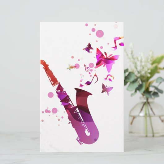 Saxofone schattige muziek en vlinders briefpapier (Staand voorkant)