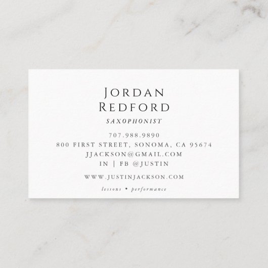 Saxofonistische muzikant Muziekleraar Visitekaartje (Achterkant)
