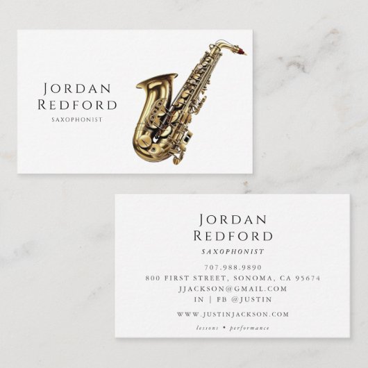 Saxofonistische muzikant Muziekleraar Visitekaartje (Voorkant / Achterkant)