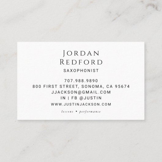 Saxofonistische muzikant Muziekleraar Visitekaartje (Achterkant)