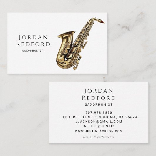 Saxofonistische muzikant Muziekleraar Visitekaartje (Voorkant / Achterkant)