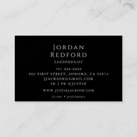 Saxofonistische muzikant Muziekleraar Zwart Visitekaartje (Achterkant)