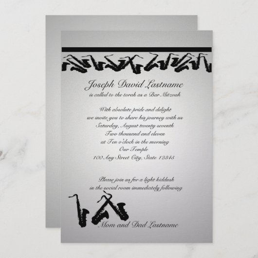 Saxofoon Bar Mitswa Uitnodigen Kaart (Voorkant / Achterkant)