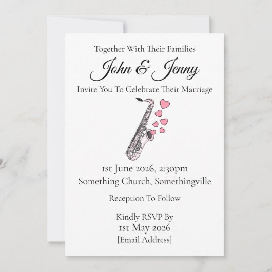 Saxofoon bruiloft uitnodiging saxofonist muzikante (Voorkant)