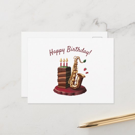 Saxofoon Chocolade Verjaardagstaart Briefkaart (Voorkant / Achterkant in situ)