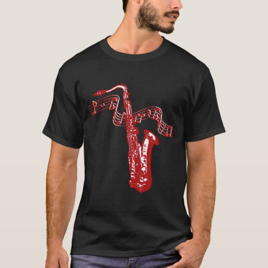 Saxofoon en noten t-shirt (Voorkant)