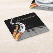 Saxofoon gepersonaliseerd zwart goud kartonnen onderzetters (Schuin)