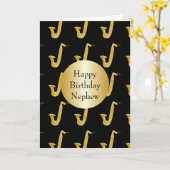 Saxofoon gepersonaliseerde neef verjaardag kaart (Gele Bloem)