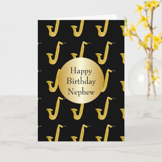 Saxofoon gepersonaliseerde neef verjaardag kaart (Gele Bloem)
