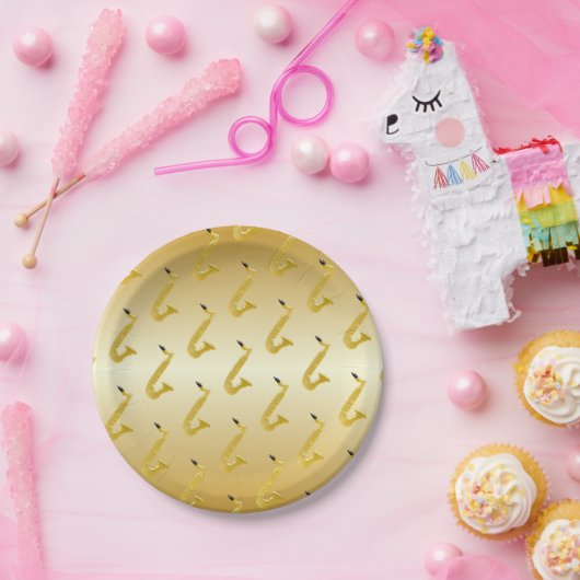 Saxofoon goudkleurig papieren bordje (Feest)