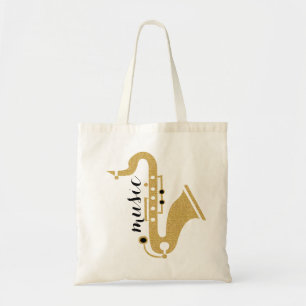 Saxofoon illustratie in gouden glitter textuur tote bag