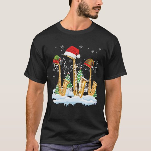 Saxofoon Jazz Santa Hat Christmas Tree Musician S T-shirt (Voorkant)