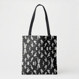 Saxofoon jazz zwart-wit patroon tote bag