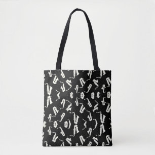Saxofoon jazz zwart-wit patroon tote bag