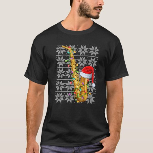Saxofoon Kerstverlichting Santa Hoed Saxofoon Ugl T-shirt (Voorkant)