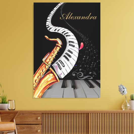 Saxofoon Luxe gepersonaliseerde piano muziek Note Canvas Afdruk (Insitu (Woonkamer))