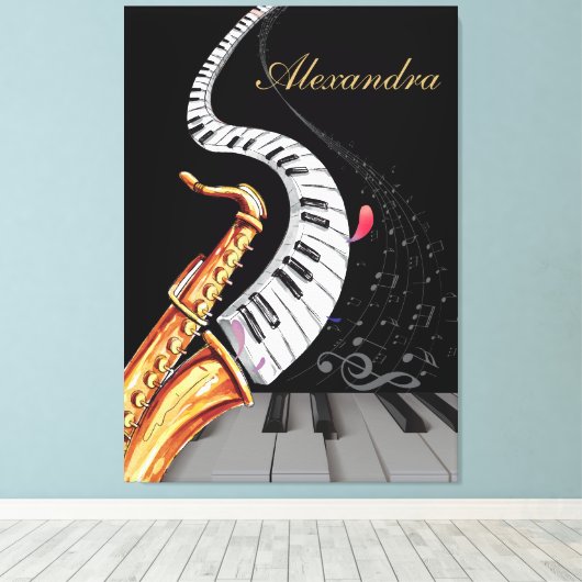 Saxofoon Luxe gepersonaliseerde piano muziek Note Canvas Afdruk (Insitu (Houten vloer))