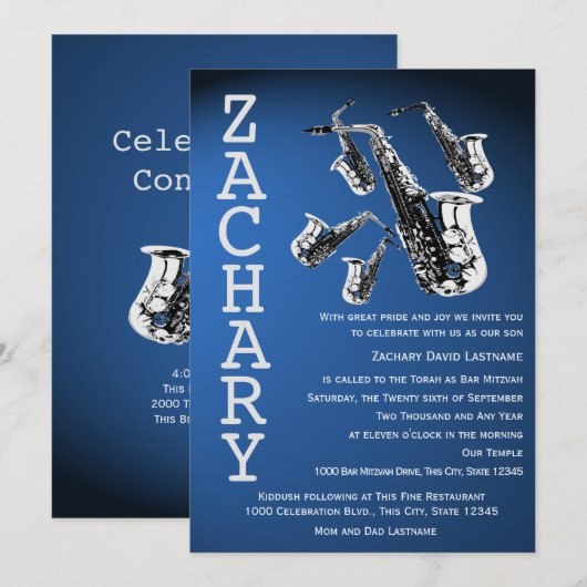 Saxofoon Mania Muziek Blauw Bar Mitswa Kaart (Voorkant / Achterkant)