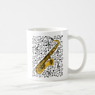Saxofoon met muzieknoten, saxofonist en muzikant koffiemok