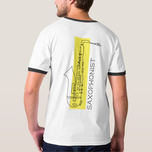 Saxofoon minimalistische omtrek + gele saxofonist t-shirt (Achterkant)